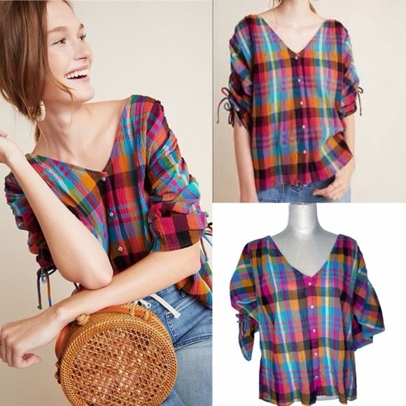 Anthropologie 🩷💜 Maeve Amelia Button Down Plaid Top XS‎ - Picture 1 of 10